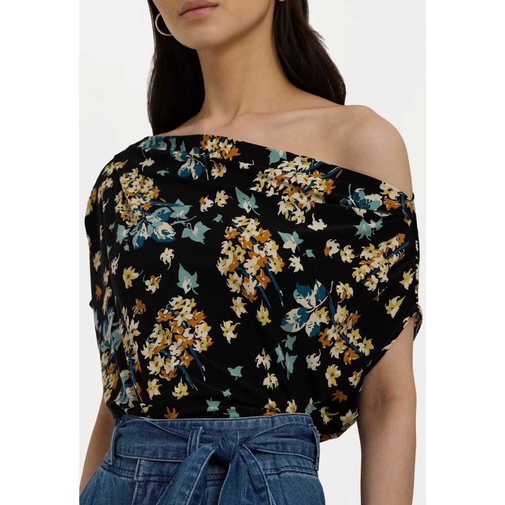 Ralph Lauren Floral Off the Shoulder Jersey Top Black Blue Size Small